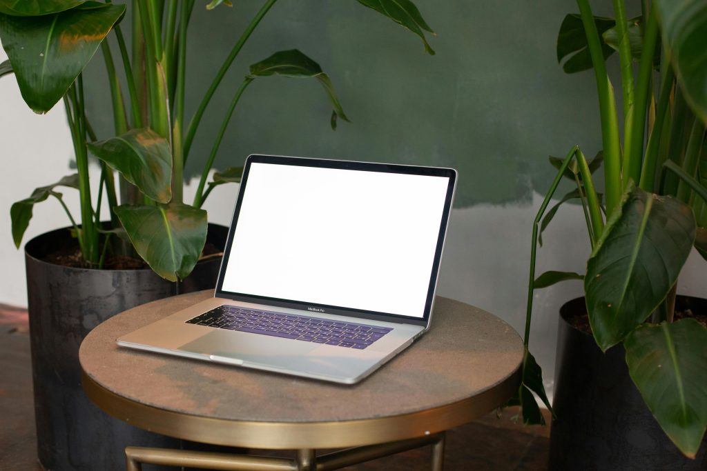 A modern laptop with a blank screen sits on a round table surrounded by green potted plants.